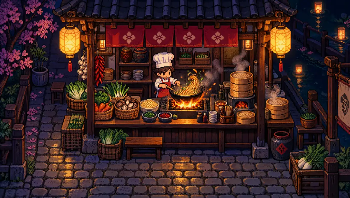 A chef tossing noodles in a flaming wok